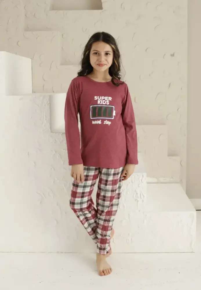 Pijama Fete, Mânecă Lungă si Pantaloni Lungi, Imprimeu Super Kids, Roz Închis,Engros